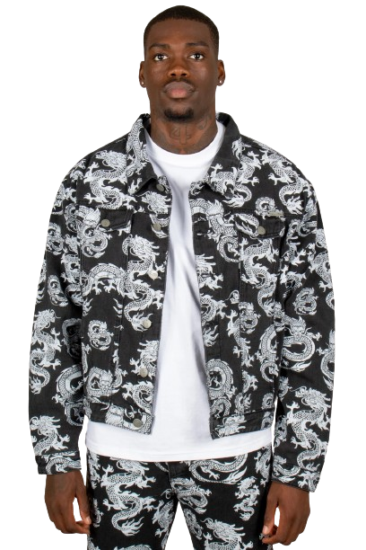 All-Over Dragon Print Oversized Black Denim Trucker Jacket